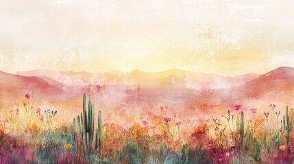 Wall Mural - Soft desert sunrise with golden dunes flowering cacti swaying in the breeze and misty watercolor textures
