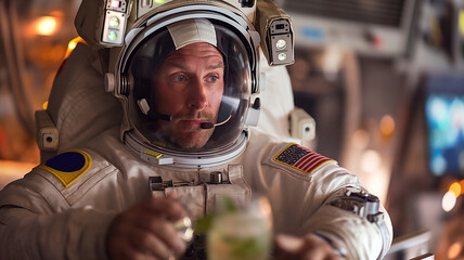 Aufkleber - This Passenger in a spaceplane cockpit savors a drink during an exhilarating suborbital flight.
