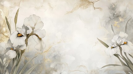 Canvas Print - Organic Art Nouveau wallpaper with irises and vines gold accents on misty wash
