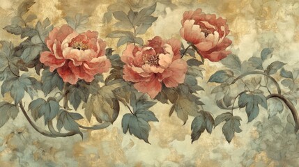 Canvas Print - Art Nouveau wallpaper with peonies and swirling leaves in soft muted colors