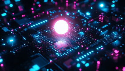 Fototapete - Neon Circuit Board with Central Light Sphere