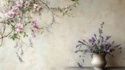 Wall Mural - Delicate Victorian wallpaper with lavender and jasmine curling over parchment