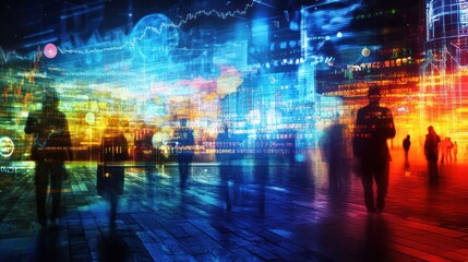 Poster - Night city street scene with data overlay.  Possible stock photo use Showing futuristic cityscape at night with economic data
