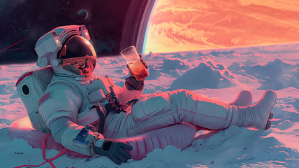 Aufkleber - This astronaut relaxes on an alien surface while sipping a beverage, showcasing space tourism.