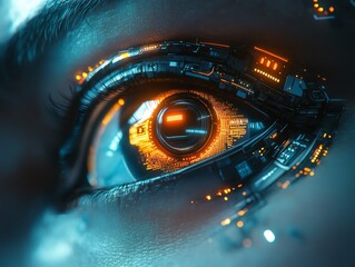 Poster - Robot eye with glowing illumination, futuristic technology, digital circuits, metallic surface, hightech aesthetic, artificial intelligence, advanced mechanical design