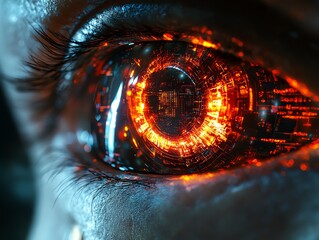Poster - Closeup of a futuristic robot eye, illuminated with vibrant light, advanced technology, metallic surface, digital circuits, glowing in a hightech environment