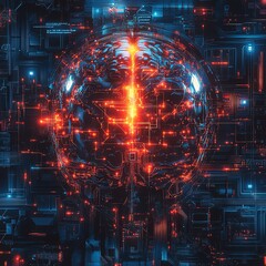 Aufkleber - Futuristic digital brain with complex neural networks, artificial intelligence, abstract glowing technology, hightech circuits and data streams, vibrant colors