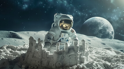 Aufkleber - This astronaut constructs a sandcastle on the moon's surface in a zero-gravity setting.