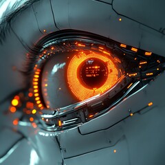 Poster - Futuristic robot eye illuminated with glowing technology, sleek metallic design, advanced digital circuits, hightech futuristic atmosphere, detailed closeup