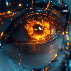 Poster - Futuristic robot eye with illuminated glowing circuits, sleek metallic design, advanced technology, digital vision, hightech aesthetic, cyberpunk lighting effects