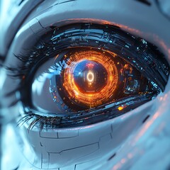 Poster - Illuminated robot eye with futuristic technology, glowing digital circuits, sleek metallic design, hightech machinery, advanced AI vision, cyberpunkinspired