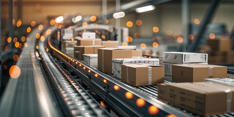 Poster - packages moving along a conveyor belt in a busy distribution center during the evening