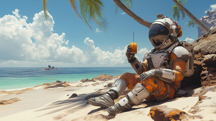 Aufkleber - This astronaut enjoys a refreshing beverage under palm trees on a sunny beach.