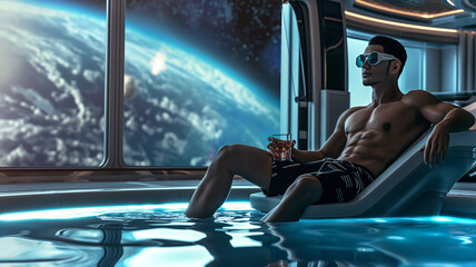 Aufkleber - This passenger enjoys leisure time in a zero-gravity pool, sipping a drink and gazing at Earth.