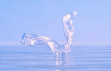 Leinwandbilder - Natural beauty podium backdrop with elegance flying holographic crystal cloth for cosmetic product display. Abstract 3d seascape scene background.