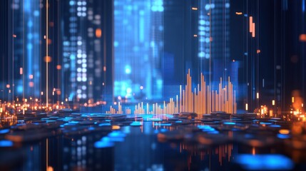Poster - Futuristic digital city, abstract cityscape, data flow, technology background. Possible use Stock photo for tech, future, innovation, design, or digital art