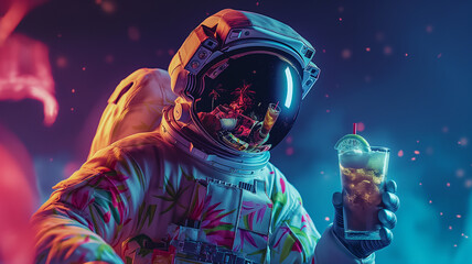 Aufkleber - This astronaut enjoys a cocktail in vibrant outer space, showcasing leisure in zero gravity.