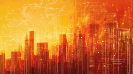 Poster - Abstract city skyline in orange glow, futuristic cityscape, possible use for technology background