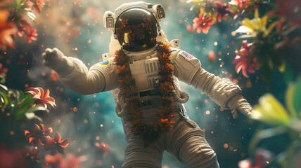 Aufkleber - This astronaut floats gracefully in zero gravity amidst colorful flowers, showcasing space tourism.