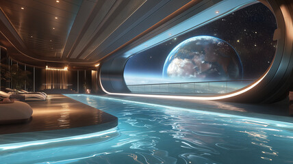 Aufkleber - This Guests relax by the infinity pool while gazing at Earth in a futuristic space hotel.
