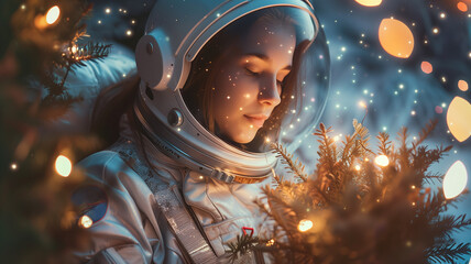 Aufkleber - This astronaut discovers peace among glowing lights and greenery in space.