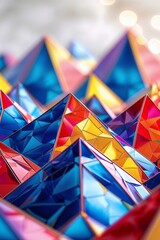 Poster - Colorful geometric pyramids create a vibrant display of reflections and light in a contemporary art setting