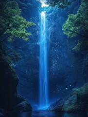 Poster - Serene and Majestic Waterfall Cascading into Crystal Clear Pool Surrounded by Lush Green Trees and Enchanting Nature Landscape in Soft Blue Light