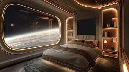 Aufkleber - This luxurious bedroom in a space hotel features a large window showcasing Earth's beauty from orbit.