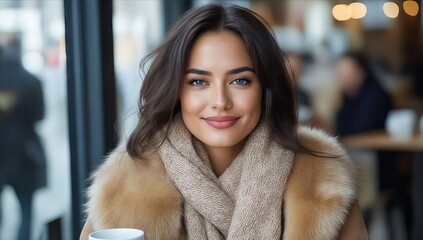 a woman in a fur coat holding a cup of coffee