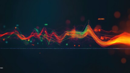 Poster - Abstract data stream visualization, dynamic colorful lines, dark background, possible use in tech presentations