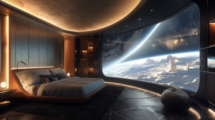 Aufkleber - This luxurious bedroom features a large view window showcasing a stunning cosmic landscape.