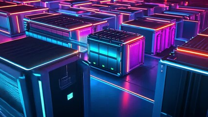 Poster - Neon Cubescape: A mesmerizing array of vibrant neon-lit cubes forms a futuristic cityscape, showcasing dynamic color contrasts and sleek, geometric designs in a digital rendering. 