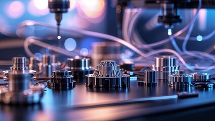 Poster - Precision machine parts showcase in a modern manufacturing facility during the late evening hours