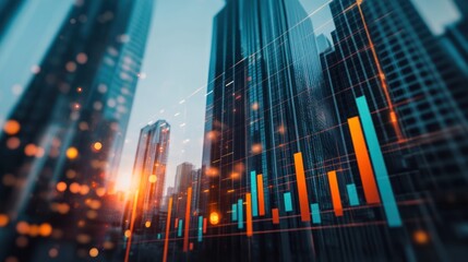 Poster - City skyline with financial data overlay; futuristic cityscape; showing growth and progress; great for presentations or websites