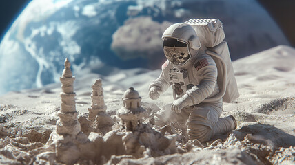 Aufkleber - This Astronaut kneels on the lunar surface, shaping structures for future space tourism endeavors.