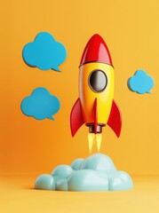 Poster - Colorful rocket and speech bubbles symbolize creativity and fun.