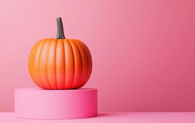 Poster - design cheerful pumpkin on pink pedestal, perfect for fall decor.