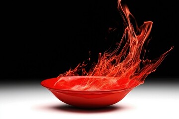 Poster - Fire flame in a red bowl isolated on a white background, dynamic energy.