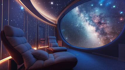Aufkleber - This Guests unwind in plush loungers while gazing at a breathtaking view of distant galaxies.