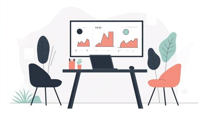 Fototapete - Modern office workspace with data display