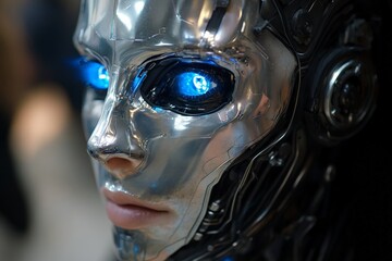 Aufkleber - Futuristic metallic robot face with glowing blue eyes showcases advanced design and technology at an exhibition