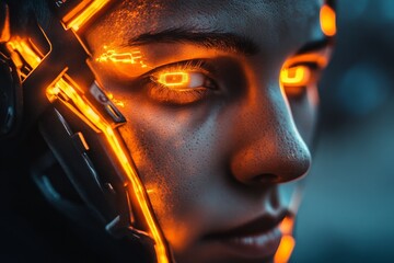 Poster - Futuristic character with glowing orange eyes and high-tech armor in an urban landscape at dusk