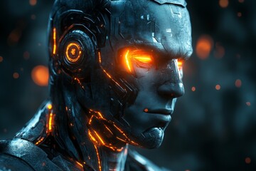 Poster - Futuristic robot with glowing elements in a dark, abstract environment during a high-tech exploration