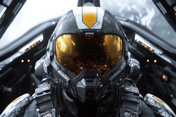 Poster - Futuristic pilot prepares for flight in advanced cockpit with reflective visor and cutting-edge technology