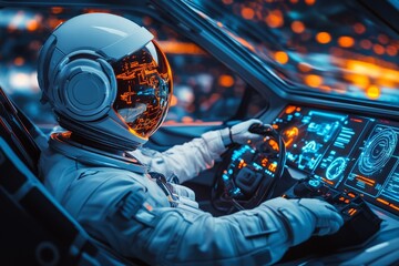 Poster - Astronaut navigates a futuristic spacecraft with advanced technology in a vibrant control room setting
