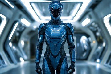 Poster - Futuristic humanoid in sleek blue suit stands confidently in a high-tech corridor illuminated by neon lights
