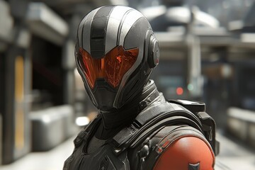 Poster - Futuristic soldier in advanced armor stands in a high-tech facility during a training mission at dusk