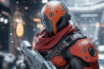 Poster - Futuristic soldier in a high-tech environment armed with a weapon during a snowy day