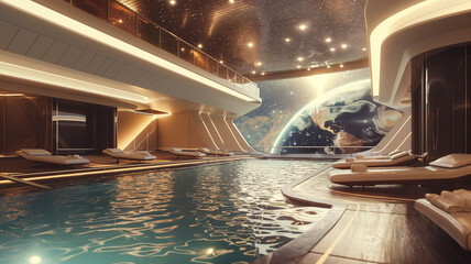 Aufkleber - This Relaxation and leisure abound in a unique space hotel with a breathtaking orbital view.
