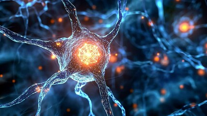 Poster - Neural Network Illuminated: A luminous neuron, central to the human nervous system, glows with vibrant energy against a backdrop of intricate neural pathways.